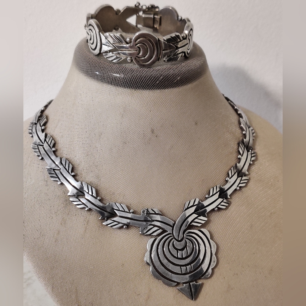 Massive Southwestern Arrow & Target Sterling Silver Necklace & Bracelet Set